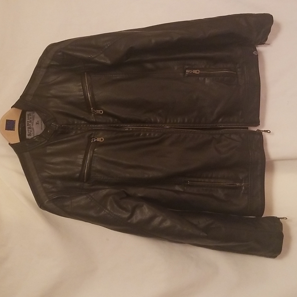 SURPLUS BLACK VEGAN LEATHER MENS COAT FLEECE LINED VINTAGE SIZE L
